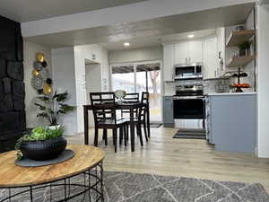 Kitchen with tasteful backsplash, light hardwood / wood-style floors, white cabinets, and appliances with stainless steel finishes