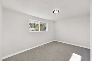 Spare room with a textured ceiling and carpet floors