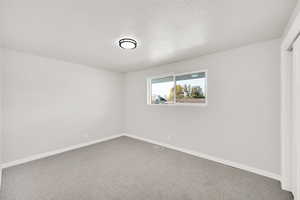 Spare room featuring carpet floors and a textured ceiling