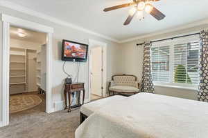 Bedroom featuring carpet, ornamental molding, ceiling fan and a nice big walkin closet