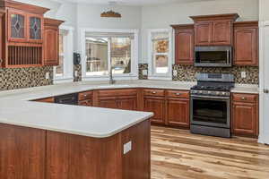 Kitchen featuring kitchen peninsula, appliances with stainless steel finishes, decorative backsplash, sink, and light hardwood / wood-style floors