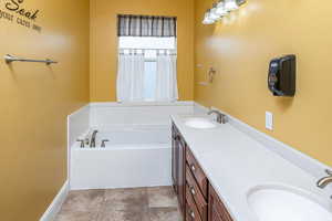 Bathroom featuring a bathing tub and vanity