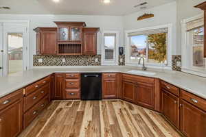 Kitchen featuring backsplash, dishwasher, light hardwood / wood-style floors, and sink