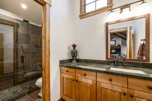 Bathroom with vanity, toilet, and a shower with shower door