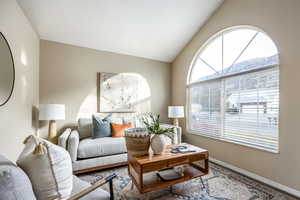 Carpeted living room with a mountain view and lofted ceiling