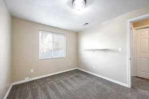 Empty room featuring carpet and a textured ceiling