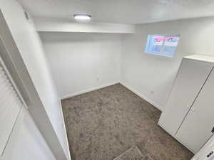 Basement with dark carpet and a textured ceiling