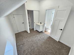 Interior space featuring toilet, lofted ceiling, and sink