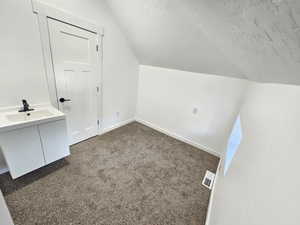 Additional living space with a textured ceiling, sink, lofted ceiling, and dark colored carpet