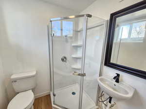 Bathroom with hardwood / wood-style flooring, toilet, a shower with door, and sink