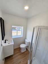 Bathroom with walk in shower, vanity, wood-type flooring, and toilet