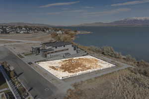 Bird's eye view with a water and mountain view