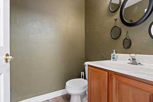 Bathroom with vanity, toilet, and wood-type flooring