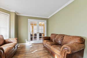 Living room with french doors, light hardwood / wood-style flooring, and a wealth of natural light