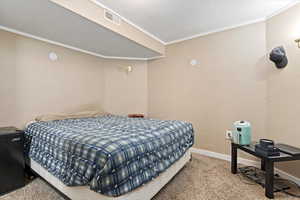 Bedroom featuring carpet and ornamental molding