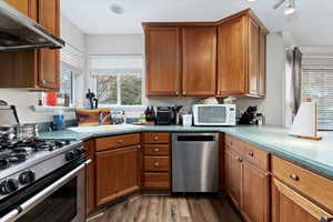 Kitchen with sink, stainless steel dishwasher, range hood, dark hardwood / wood-style floors, and range with gas stovetop