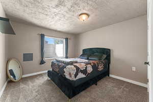 Bedroom featuring carpet and a textured ceiling