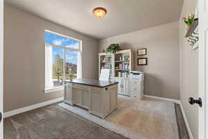 Office area featuring light carpet