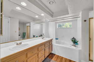 Bathroom featuring toilet, vanity, and hardwood / wood-style flooring