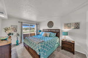 Bedroom featuring carpet, a textured ceiling, and access to outside