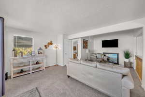 Living room with light colored carpet and a textured ceiling