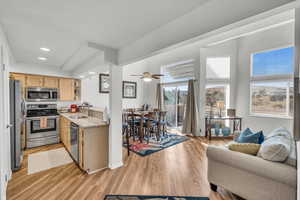 Kitchen with light brown cabinetry, sink, stainless steel appliances, and light wood-type flooring