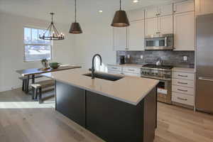 Kitchen featuring a center island with sink, white cabinets, and stainless steel appliances