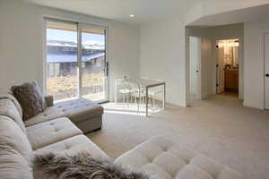 Living room with light carpet