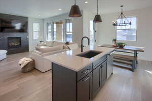 Kitchen featuring sink, hanging light fixtures, a healthy amount of sunlight, and an island with sink