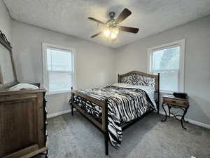 Bedroom featuring carpet flooring, ceiling fan, a textured ceiling, and multiple windows