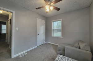 Unfurnished room featuring carpet, ceiling fan, and a textured ceiling