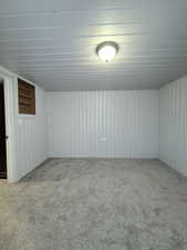 Interior space with wood walls and carpet floors