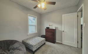 Sitting room featuring light carpet, a textured ceiling, and ceiling fan