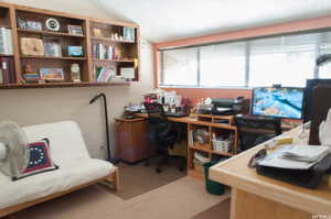 Bedroom/Office area featuring vaulted ceiling.