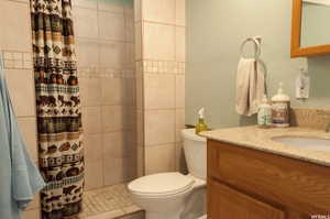 Bathroom featuring curtained shower, tile patterned flooring, vanity, and toilet