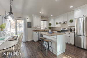 Kitchen featuring white cabinets, a wealth of natural light, dark wood-type flooring, and appliances with stainless steel finishes