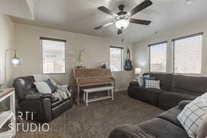 Carpeted living room with a textured ceiling and plenty of natural light