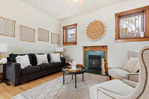 Living room featuring a wealth of natural light, ceiling fan, and light wood-type flooring