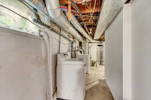 Basement featuring washer / clothes dryer and strapped water heater