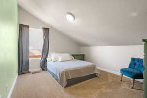 Carpeted bedroom with a textured ceiling and vaulted ceiling