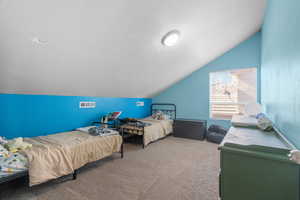 Carpeted bedroom with vaulted ceiling