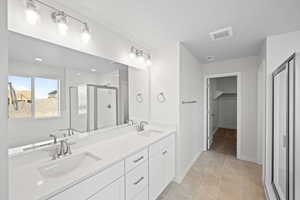 Bathroom featuring tile patterned flooring, vanity, and walk in shower