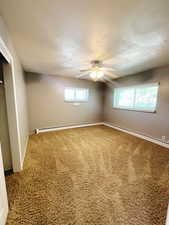 Empty room with baseboard heating, plenty of natural light, carpet floors, and a textured ceiling