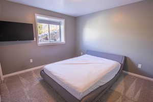 Large Bedroom on downstairs level featuring carpet floors, daylight window with mountain view