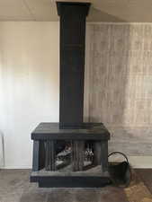 Details with carpet flooring, a wood stove, and wooden walls