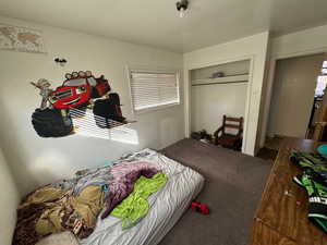 Carpeted bedroom featuring a closet