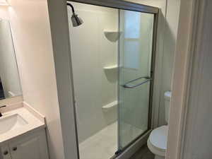 Bathroom with an enclosed shower, vanity, and toilet