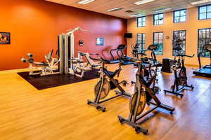 Gym featuring hardwood / wood-style flooring and a towering ceiling