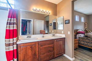 Bathroom featuring wood-type flooring, vanity, and a textured ceiling