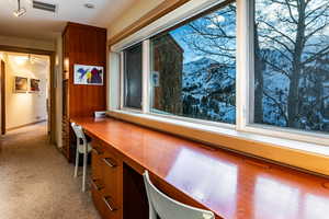 Unfurnished office featuring light carpet and built in desk